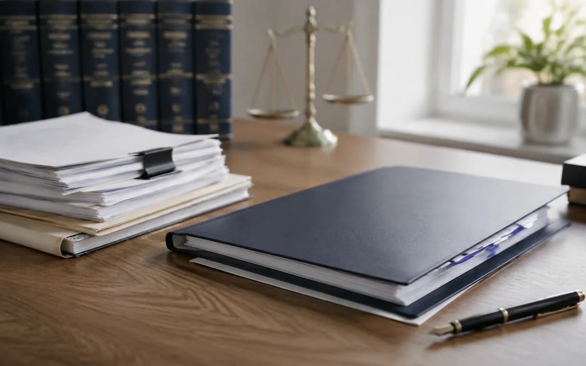 A case file, documents and a pen laid out on a desk