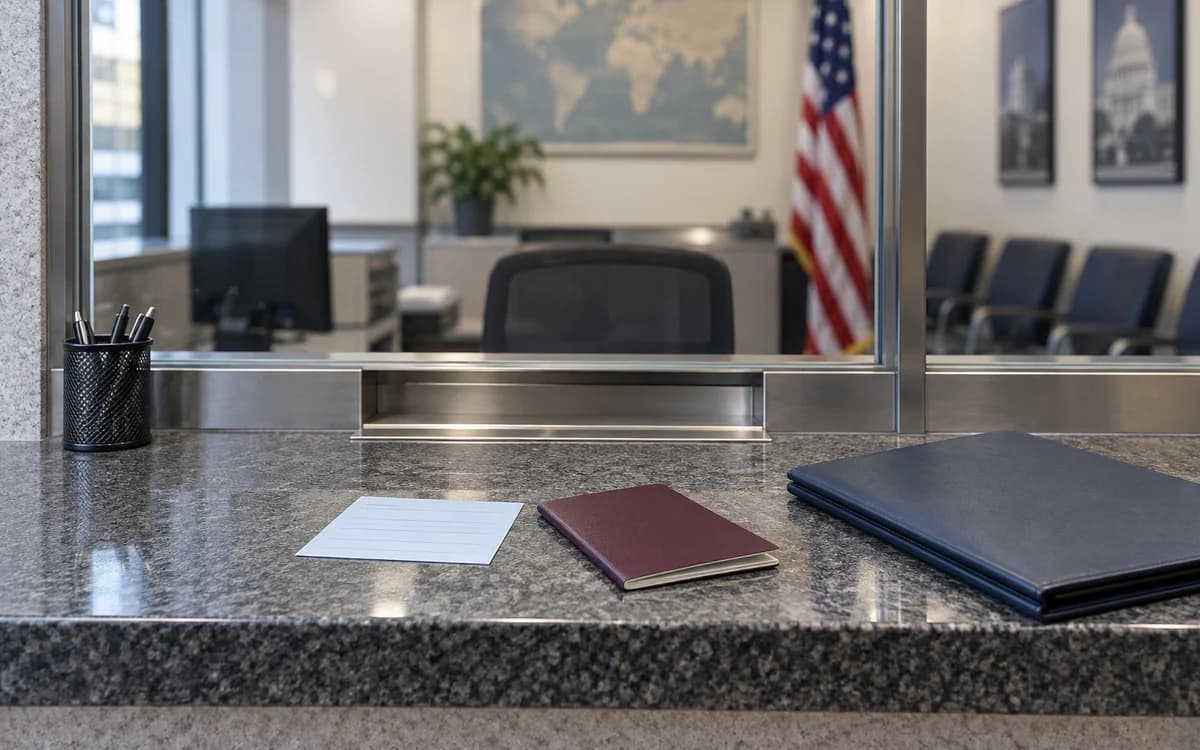 A review slip, passport-style booklet, and navy file at a consular window