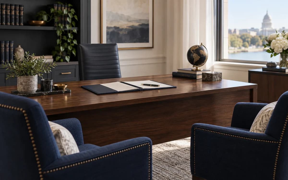 A private law-office consultation table with two navy chairs and an open file