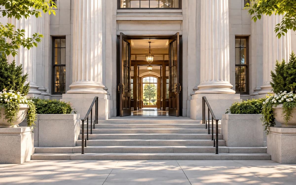 An open courthouse entrance in warm morning light