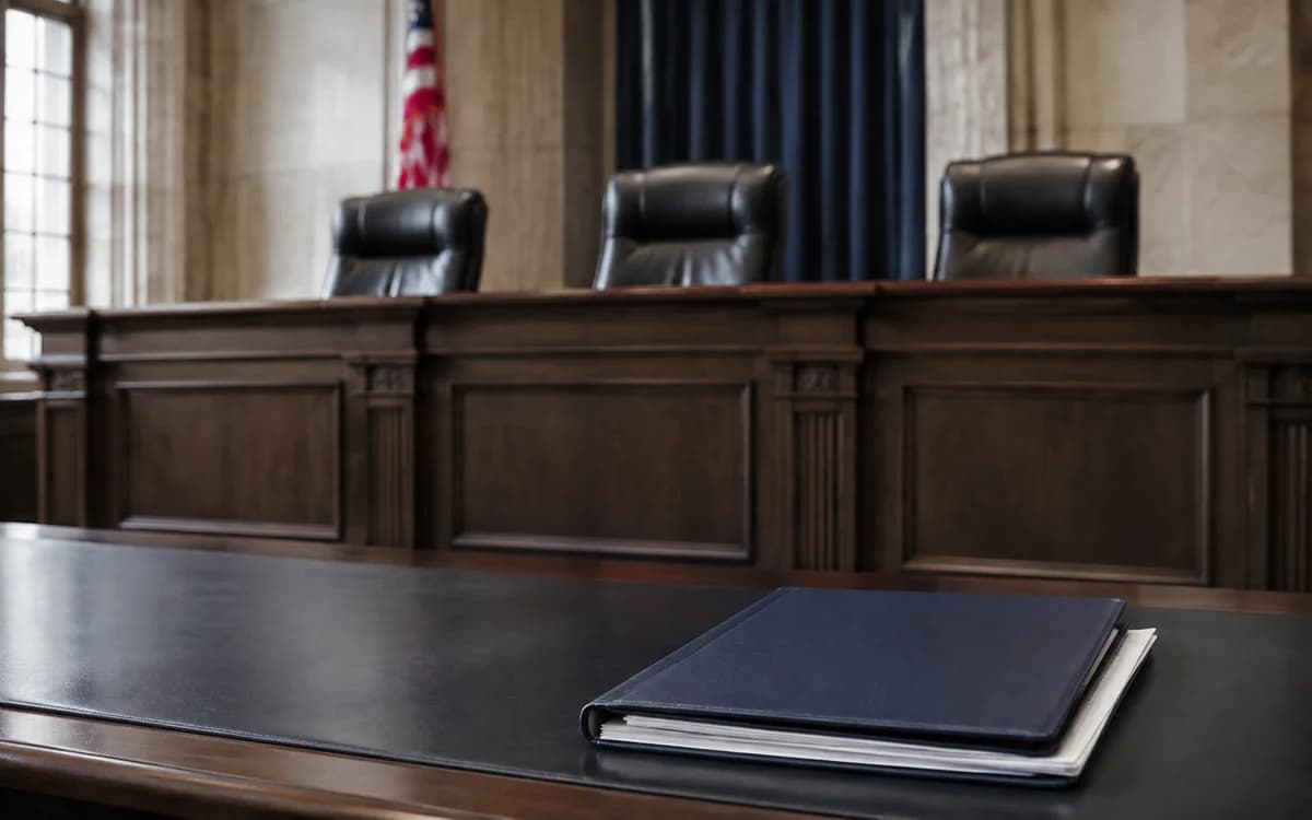 A legal file and three judges' chairs in a federal appellate courtroom