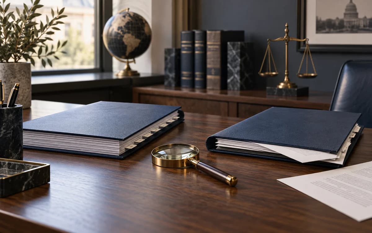 Two navy case files and a magnifying glass on a law-office desk