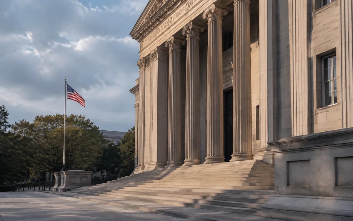 A stone-columned courthouse and the American flag