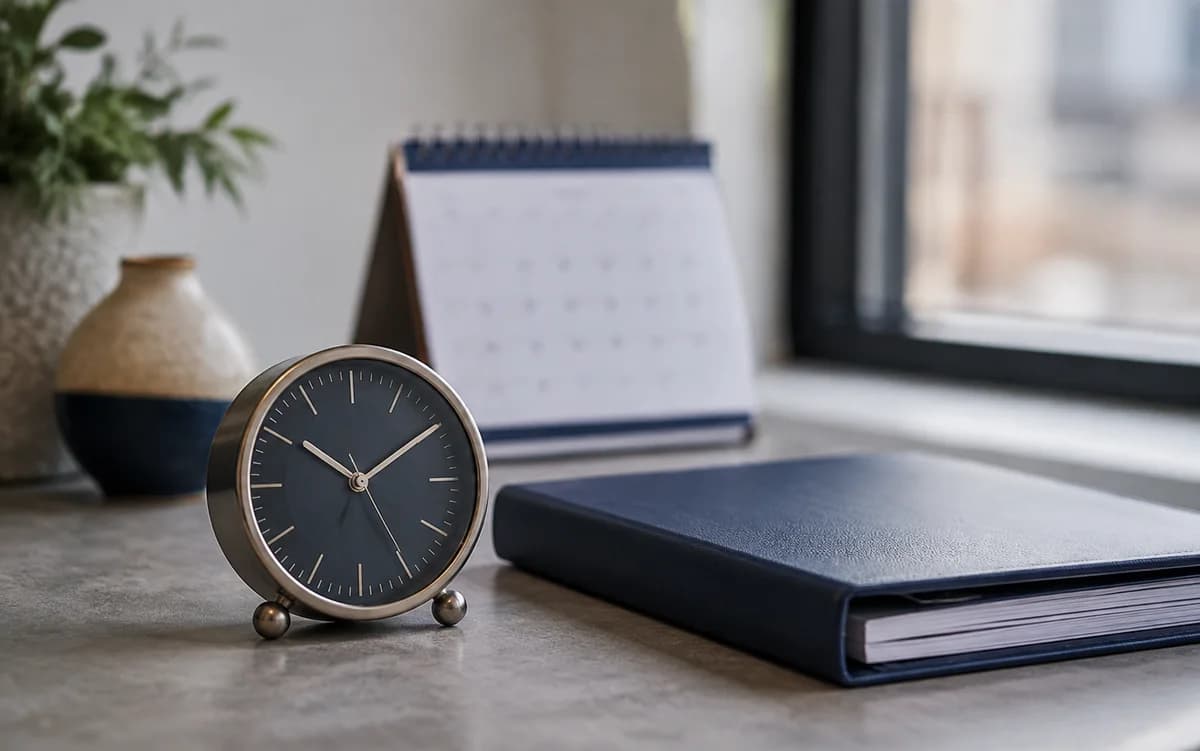 A desk clock and calendar beside an application file