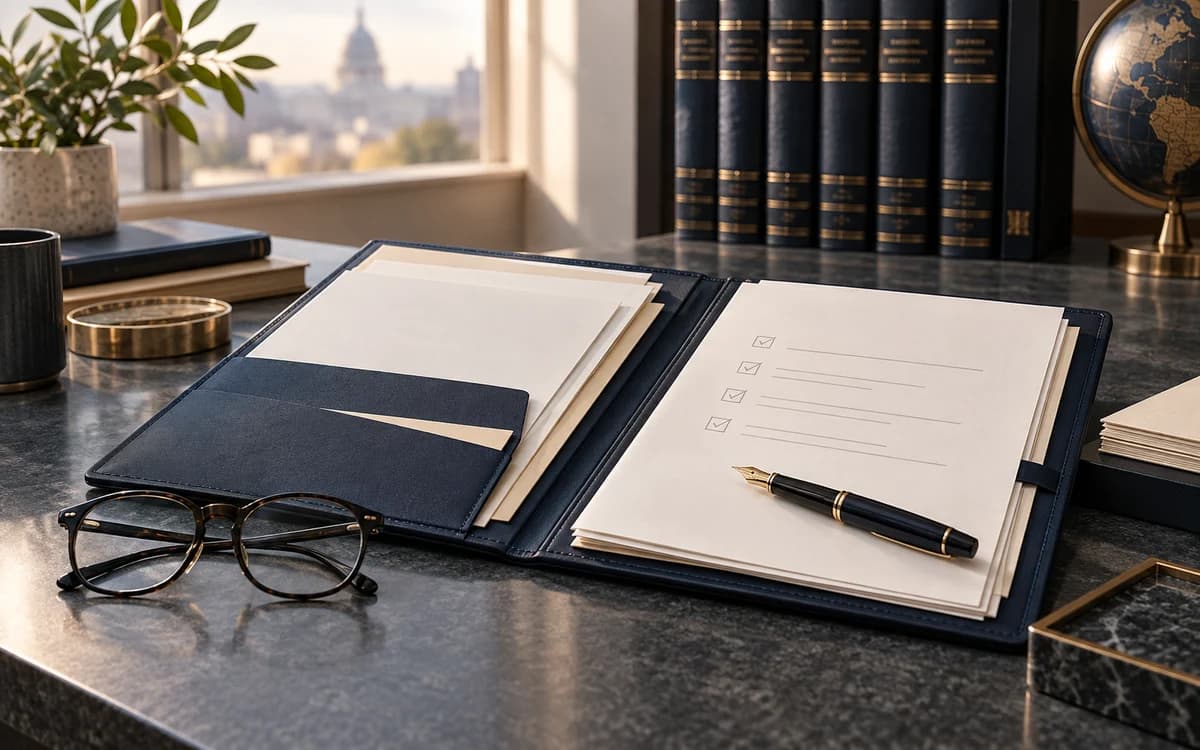 An open navy case file, checklist, glasses, and pen on a legal desk