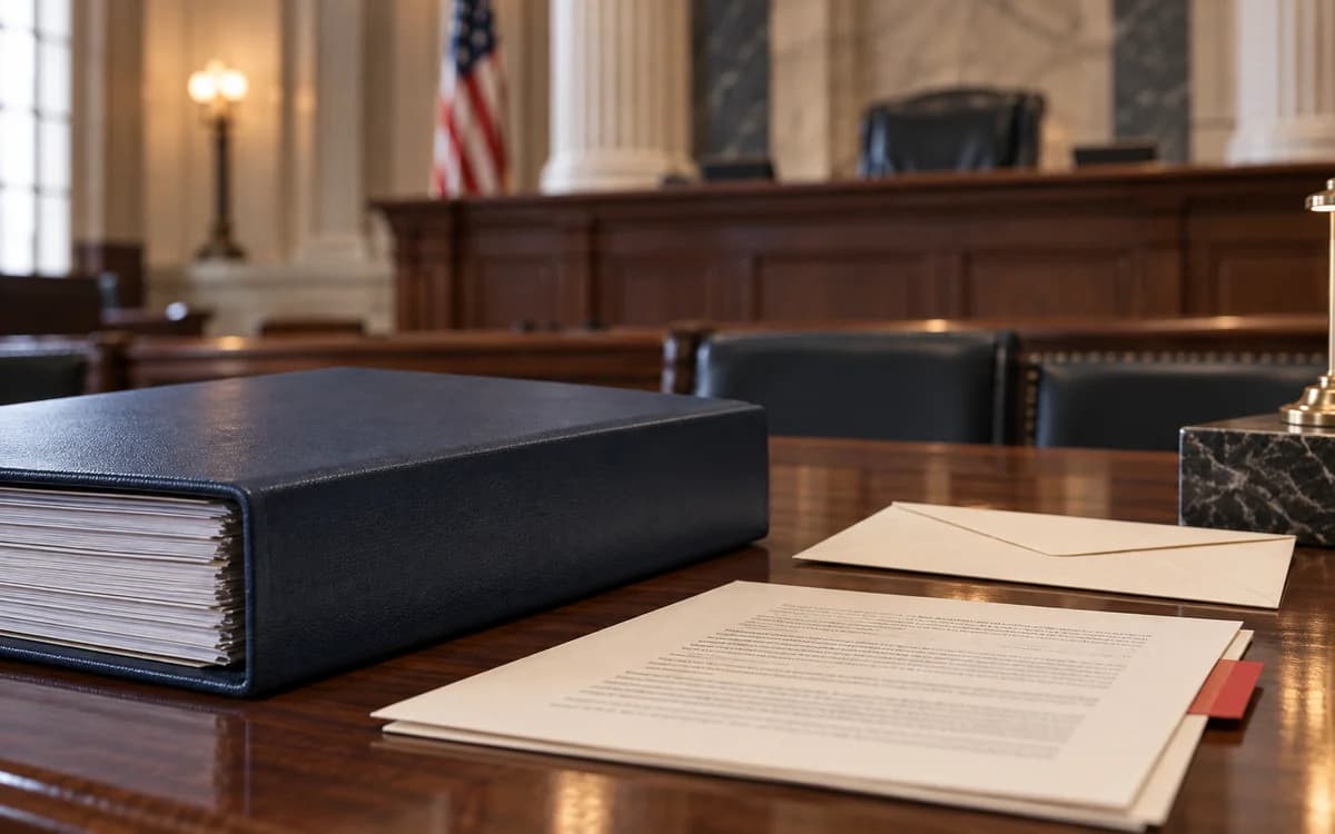 A navy case file, evidence tab, and envelope on a courtroom table