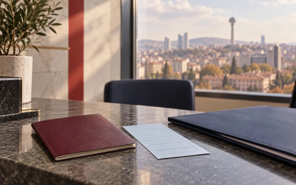 A passport-style booklet, review slip, and navy file overlooking Ankara