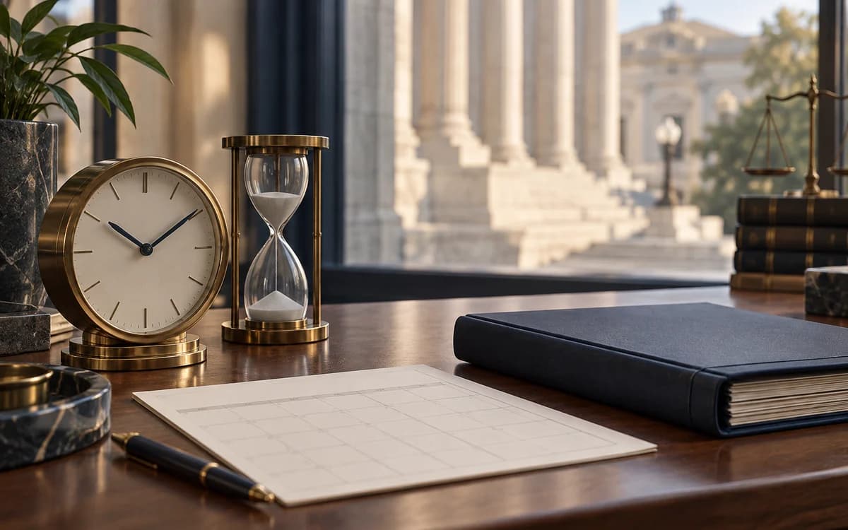 A clock, hourglass, calendar, and navy case file near a courthouse