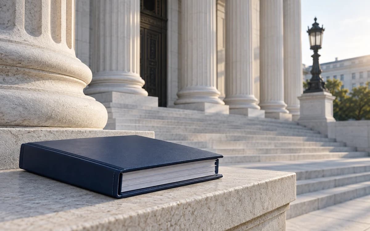 A navy legal file on the steps of a federal courthouse